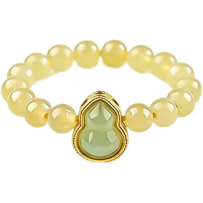ANNIE WU 18K Gold Plated Hetian Jade Beaded Ring for Women Handmade Stackable Gemstone Adjustable Fashion Ring Minimalist Jewelry Gift for Her