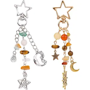 2pcs Moon Sun Star Keychain Keyring, Y2K Key Chain Ring with Gravel & Beads Boho Aesthetic Bag Charms for Women Girl (Silver, Gold)