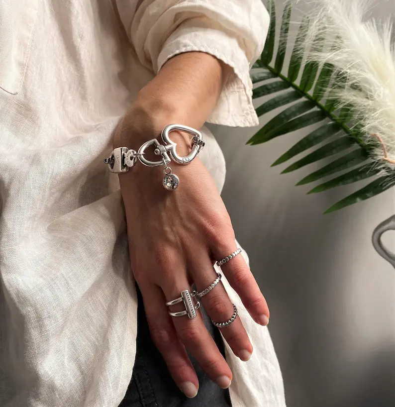 Stainless steel padlock bracelet, Valentines Day Gifts, oval link chain bracelet, crystal pendant chain bracelet, large heart snap lock cuff, womens gift
