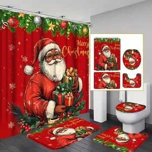 Christmas Themed Bathroom Accessories, 4 Counts/set Including 1 Shower Curtain & 1 Toilet Lid Cover & 1 Rectangular Mat & 1 U-shaped Mat, Bathroom Decor Supplies