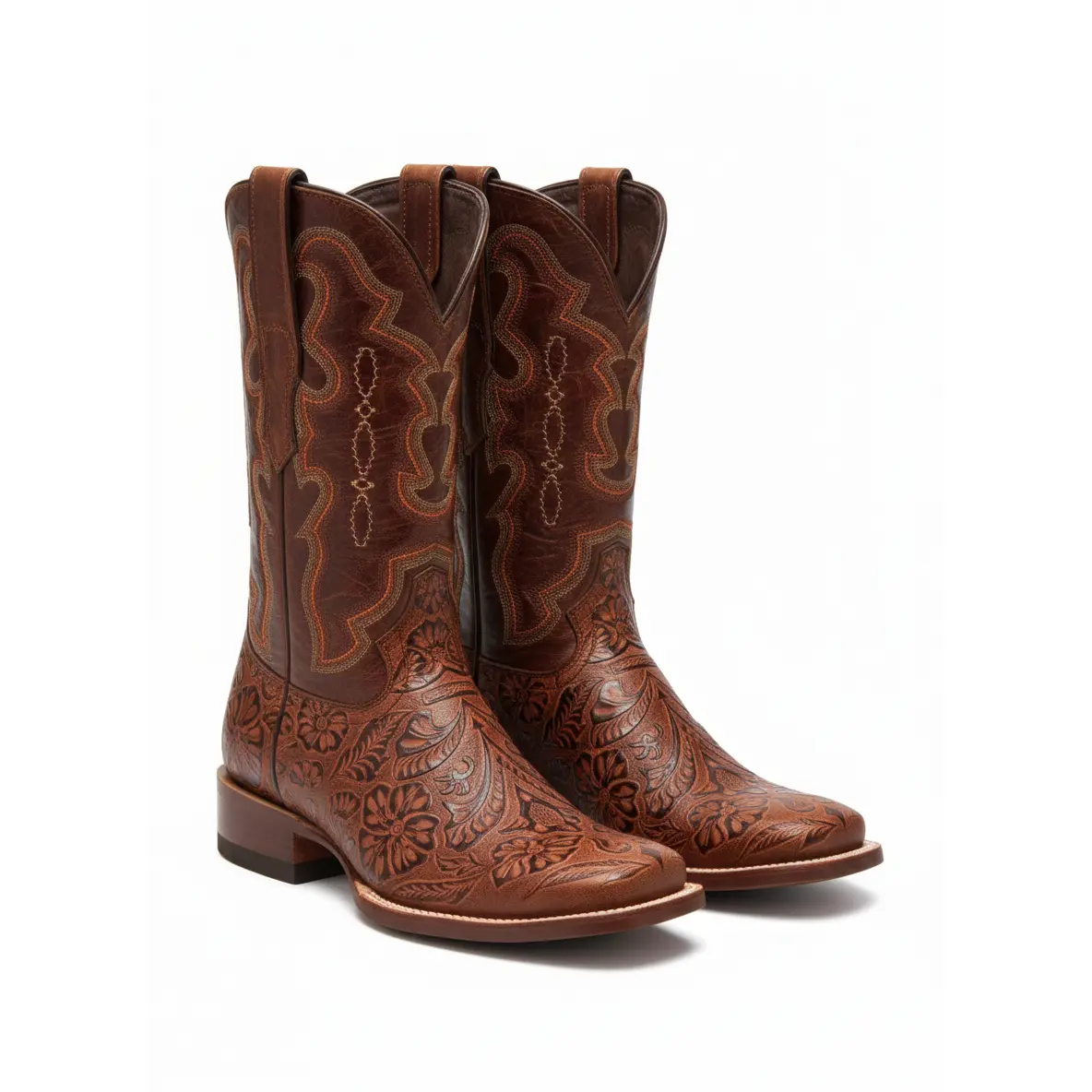 Men's Western Boots in Cognac Leather with a Hand-Tooled Print, Featuring a Wide Square Toe and Leather Soles, Walking Footwear, Casual, Shoe, Walking Shoes