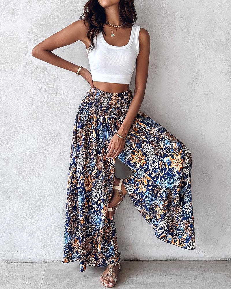 Chicme Floral Print Shirred Wide Leg Pants