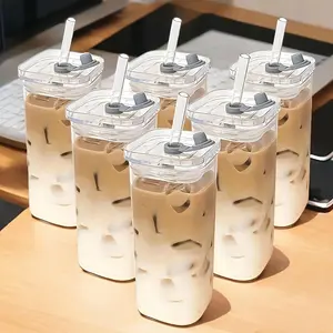 6-Piece Square Glass Cup Set with Lid & Straw, Portable Drinking Mug for Coffee, Perfect Gift for Office Home School Outdoor Use