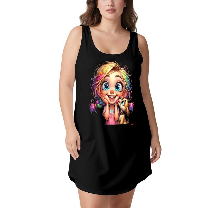 Women's Cartoon Print Sleeveless Nightgown Dress - Playful Theme Plus Size Polyester Summer Loungewear, Casual Comfortable Sleepwear, Machine Washable