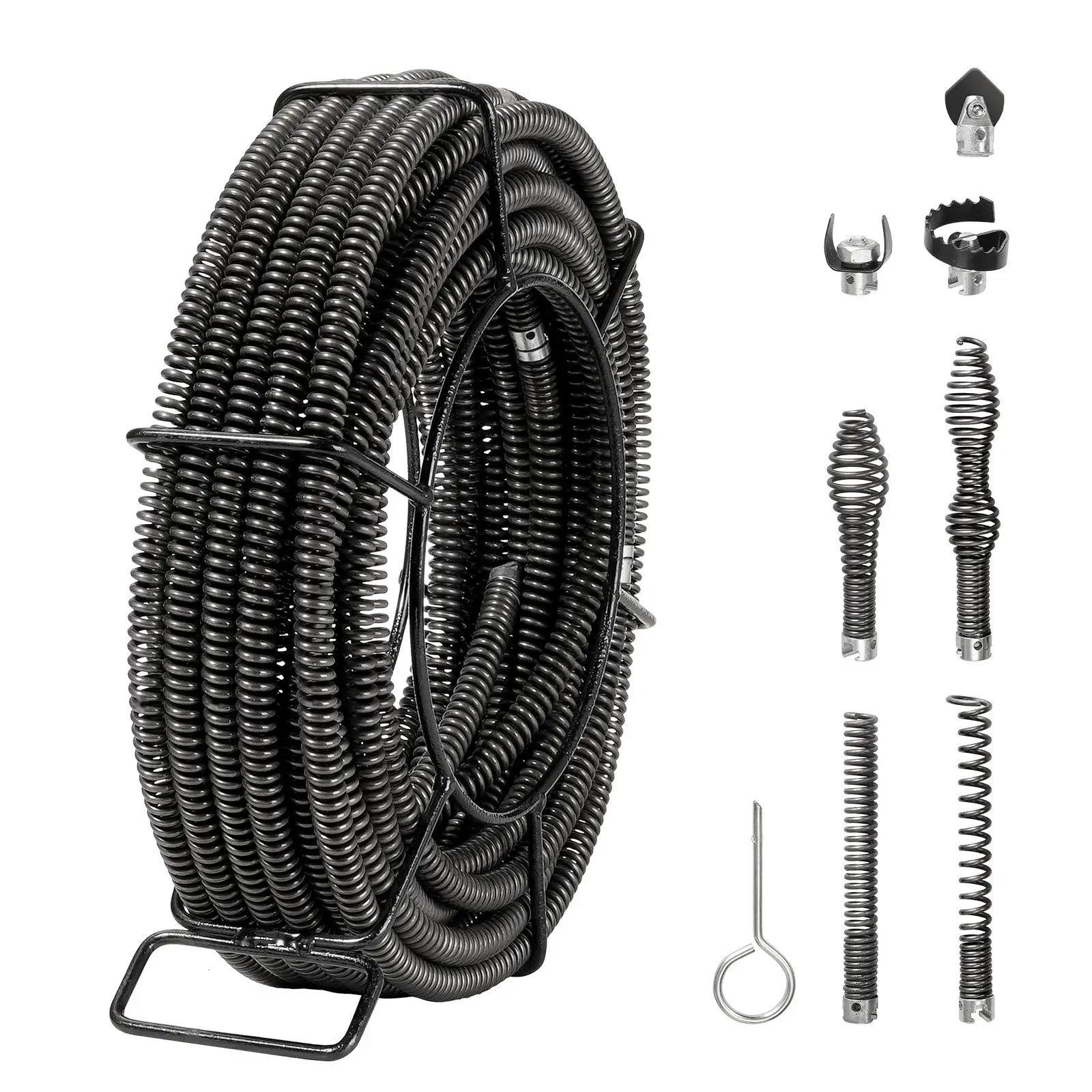 Drain Cleaning Cable 66 Ft x 5/8 Inch Sectional Sewer Auger With Seven Cutting Heads, Hollow Core Drain Cable For Sinks, Toilets, Floor Drains, And 0.8 To 3.9 Inch Pipes Designed For Professional Home And Plumbing Use
