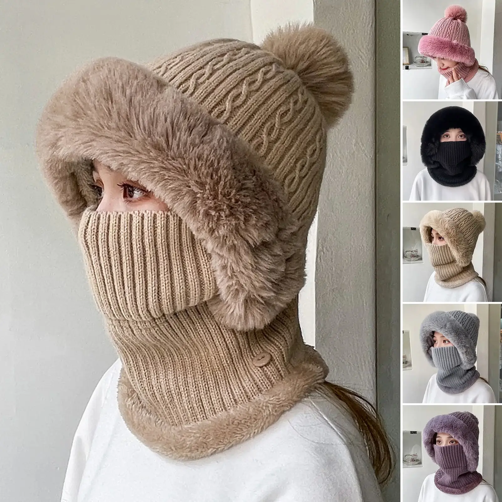 Multifunctional knitted hat with plush balls and ear protection, solid color, autumn and winter women's mask, neck cover, warm beanie, ski hat