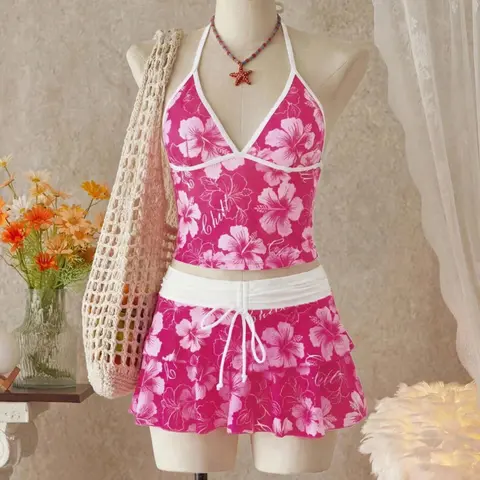 3 Piece Floral Print Tankini Set, Exotic Fashion Swimwear for Beach Parties, Trendy and Sexy Summer Swimsuit, Elegant Print Swimsuit, Tankini Swimsuits Women, Fashionable Swimsuit