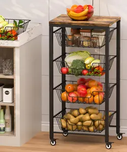 Fruit Vegetable Storage Cart for Kitchen, 5-Tier Vegetable Stand Rack with Pull-Out Fruit Baskets, Rolling Snack Cart with  Top & Banana Holder for Pantry, Living Room, Bathroom, Black