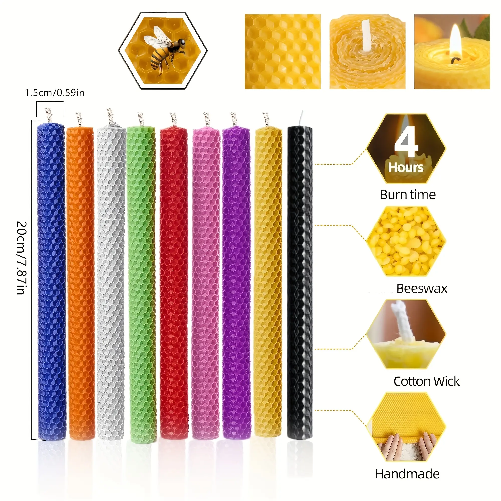 1.5x20cm multi-color handmade beeswax taper candles long honeycomb textured thin stick candles for hanukkah church dinner party home decor souvenir gift for halloween christmas valentine