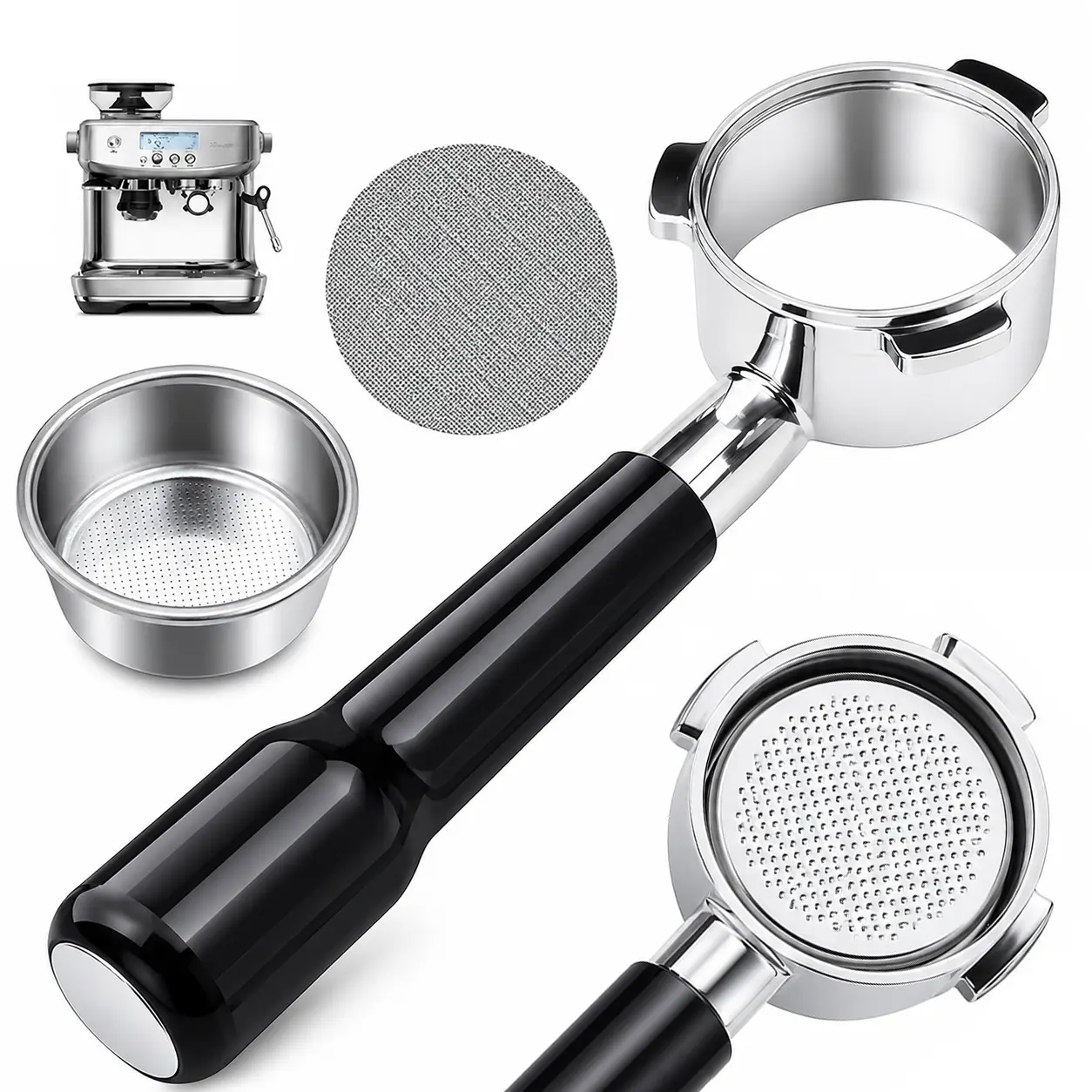 54mm Bottomless Coffee Portafilter with 3-Ear Stainless Steel Filter Basket, Compatible with Breville BES810/BES840/BES870/BES876/BES878/BES880, Barista Express, Pro, Touch, Bambino Plus & Infuser, 2-Cup Coffee Tool