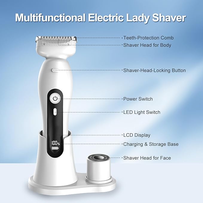 Bikini Trimmer for Women, Electric Shaver and Razor Rechargeable 2-in-1 Body and Facial Epilator, Dual Heads for Painless Trimming of Pubic Hair, Face, Underarms and Legs, Waterproof #springtok