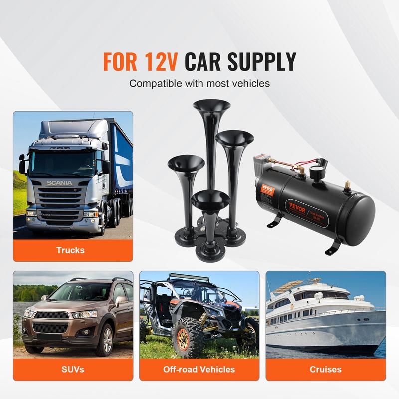 VEVOR Train Horns Kit, TikTokShopBlackFriday, 4 Trumpet Air Horn Kit, 150dB Train Horns for Pickup Trucks, 12V 120 psi Air Compressor 0.8 Gal/3 L Tank with Gauge for Any 12V Vehicle Car Truck Train Van Boat Power Sound Accessory VEVOR Super Brand Day