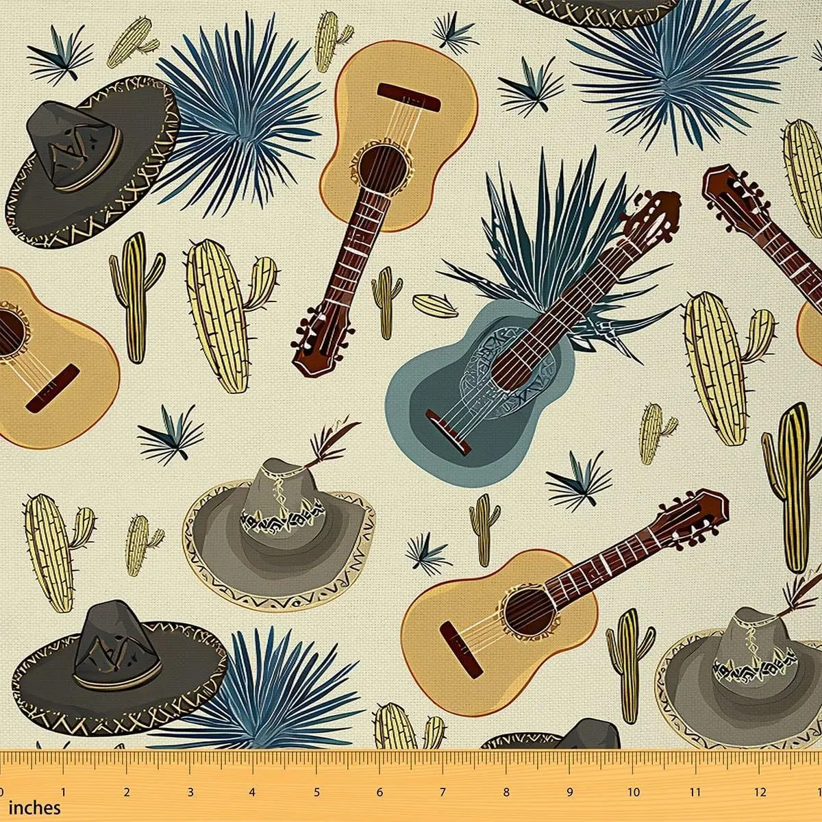 an Style Fabric Music Guitar Cartoon Cactus Decor Fabrics Sewing Supplies an Straw Hat Print Fabric DIY Soft Flannel Polyester No Stretch