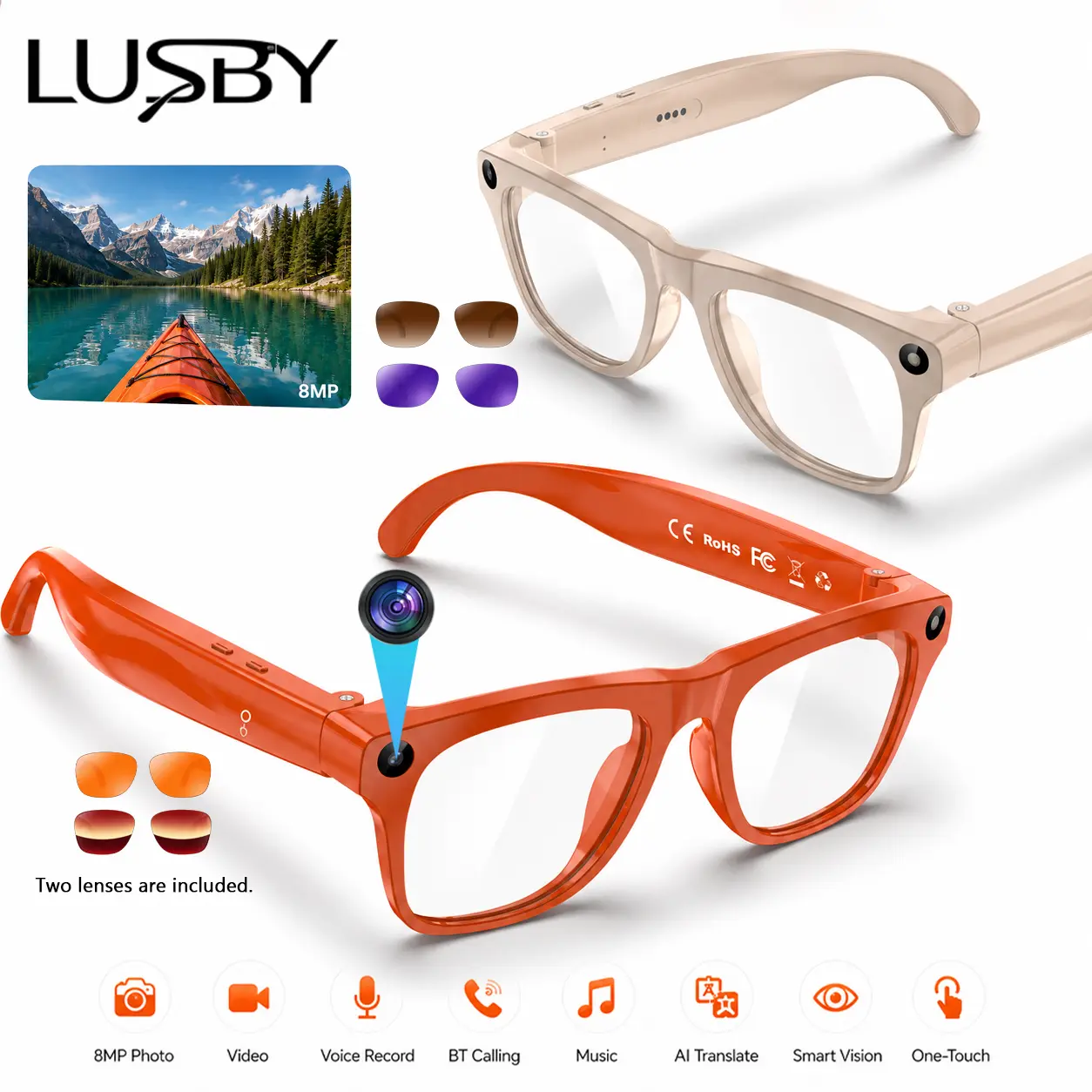 LUSBY Unisex Smart Glasses with Camera - 3 Interchangeable Lenses, Hands-Free POV Photo & Video Capture, AI Translator, Voice AI Assistant, Wireless Calling, Open-Ear Music, Fashion Square Frame, USB Port, Lightweight Adult Wearable Device
