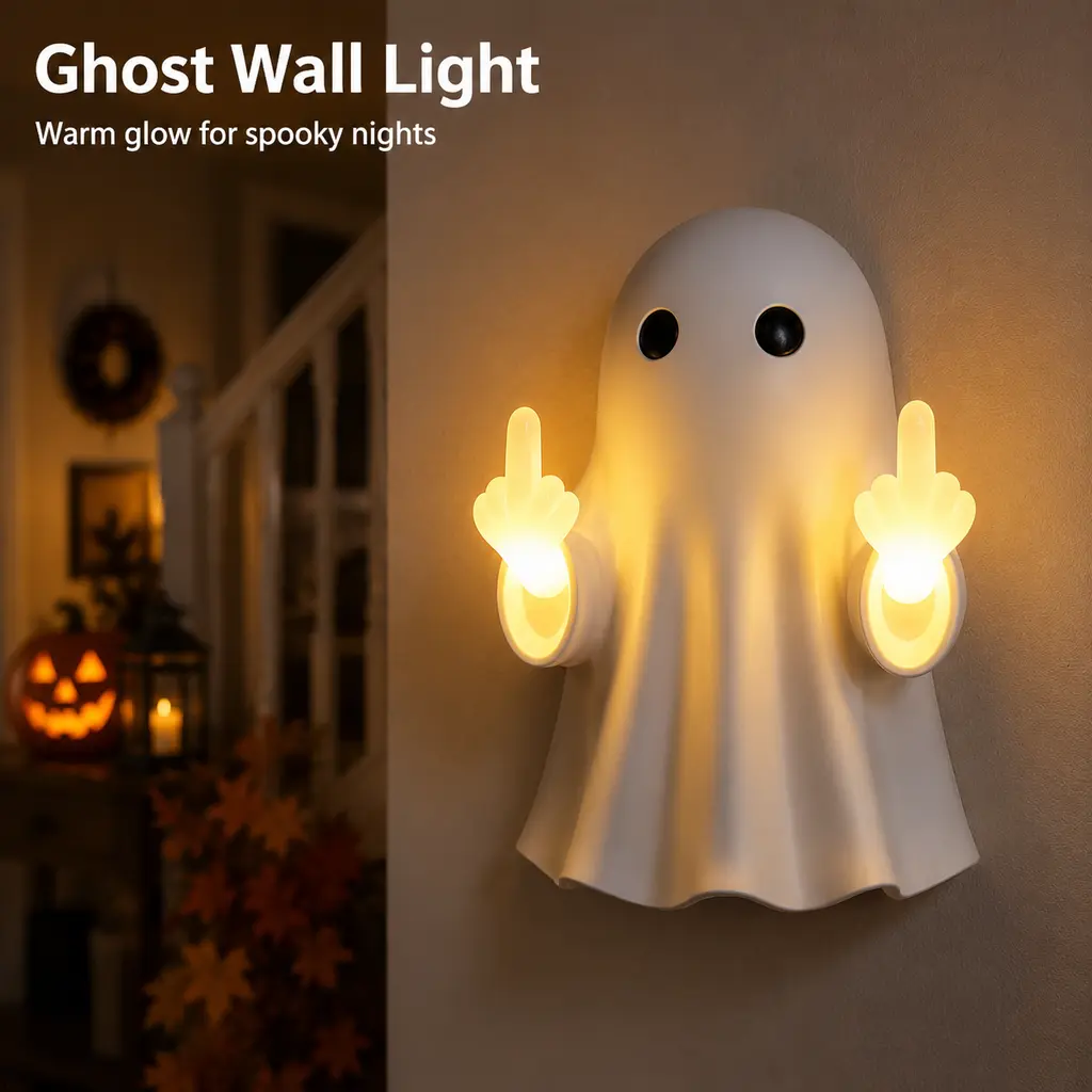 Ghost Wall Light, Cute Ghost Night Light with Middle Finger Gesture, Funny LED Wall Lamp for Bedroom Halloween Decor Home Office Gift