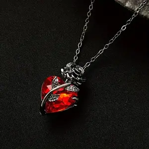 Gothic Dark Rose Pendant Necklace - 1pc Exquisite Gothic Design with Red Heart Pendant & Collarbone Chain for Holiday Gift Idea Jewlery