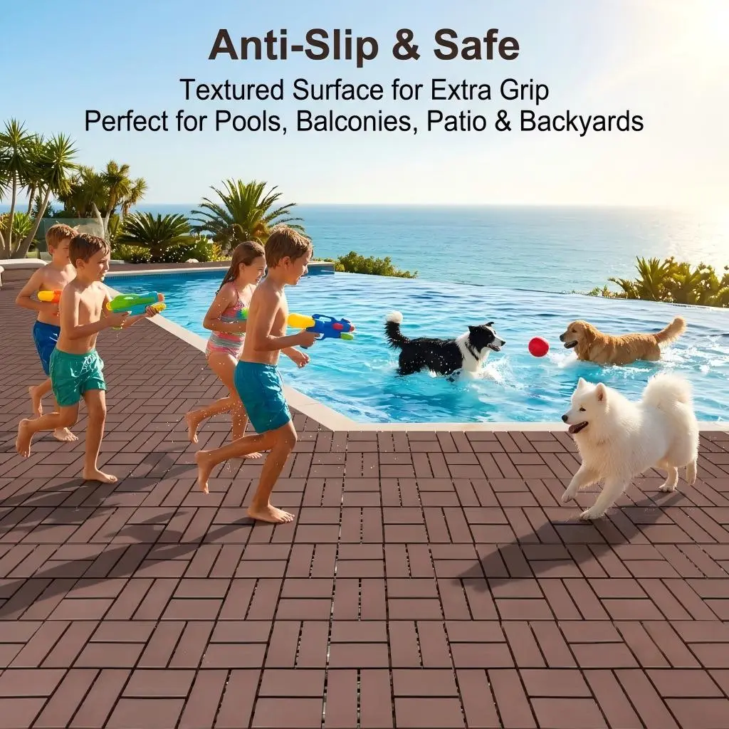 44 Pack Interlocking Deck Tiles - Outdoor Patio Flooring for All Weather Use - Versatile Plastic Decking for Pool, Balcony, Backyard & Porch in Dark Brown, Blue, Dark Coffee, Dark Gray & Khaki - Perfect for Greenhouse Flooring and Foundation