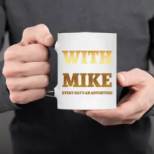 1pc Mike's Insightful 11oz Coffee Mug with "with Mike Every Day's an Adventure" Golden Print - White & Black Contrast Design, Perfect Gift for Men, Husband, Dad, Brother - Birthday, Christmas, Thanksgiving Present for Coffee & Tea Lovers, Coffee Cup, Best