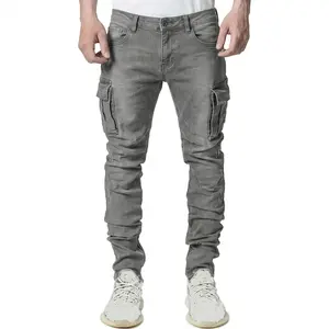 HUNGSON Menswear Natural Fabric High-Stretch Cotton Slim-Fit Jeans - Frayed-Leg, Body-Friendly, Modded, Comfort Flex Waist, Pockets, Plain Hem, Summer Outdoor Straight Leg Trousers
