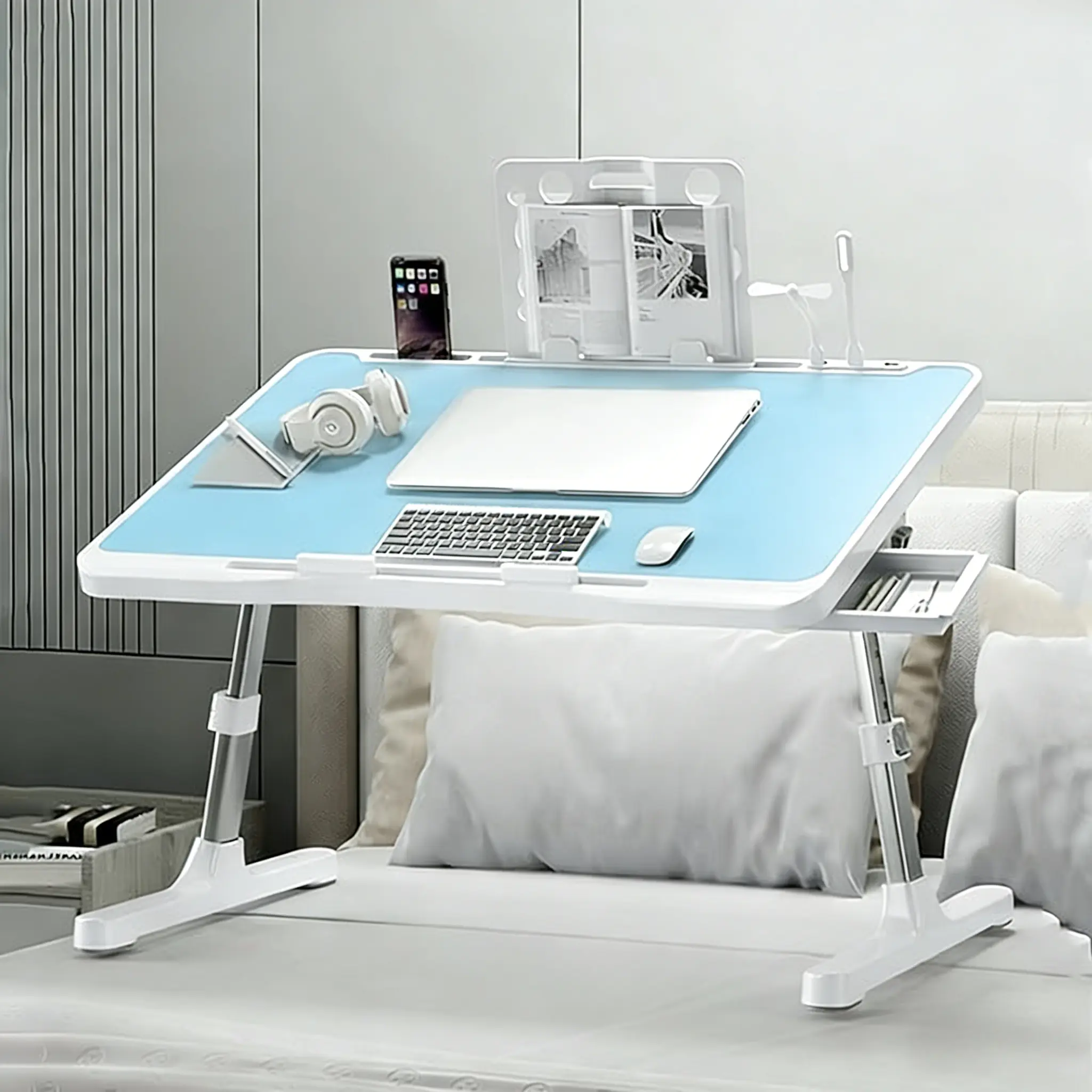 Durable Large Adjustable-Height Computer Desk for Remote Workers - Sturdy Portable Home Office Accessory with USB Ports, Foldable Handle, Card Slot, Drawer, Mini Lamp, Mini Fan for Convenience