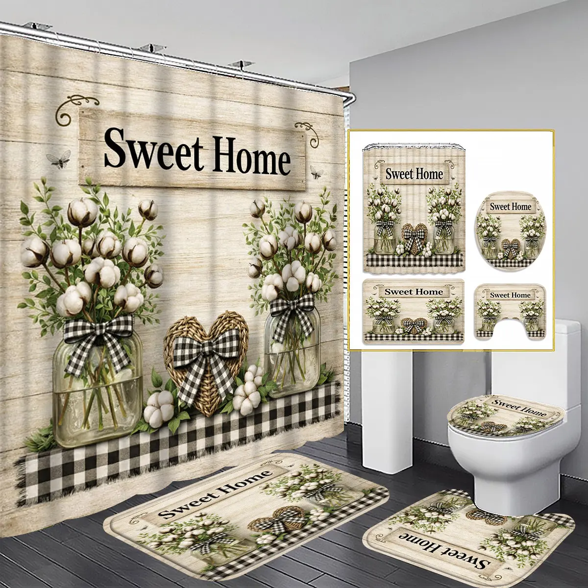 Retro Vintage Flannel Waterproof Fabric Shower Curtain Full Set with Hooks - 1/4 Pieces Rustic White Gingham Farmhouse Floral Print Bathroom Decor Kit, Washable Wall-Mounted Home Bathroom Accessory (Bath Mat, U-Shaped Mat, Toilet Lid Cover)