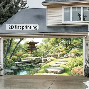 Japanese Zen Garden Garage Decor Curtain, 2D Flat Print, Yard Landscape Roll-Up, Sunshade Insulation, Home Outdoor Shade, Villa Courtyard Decoration