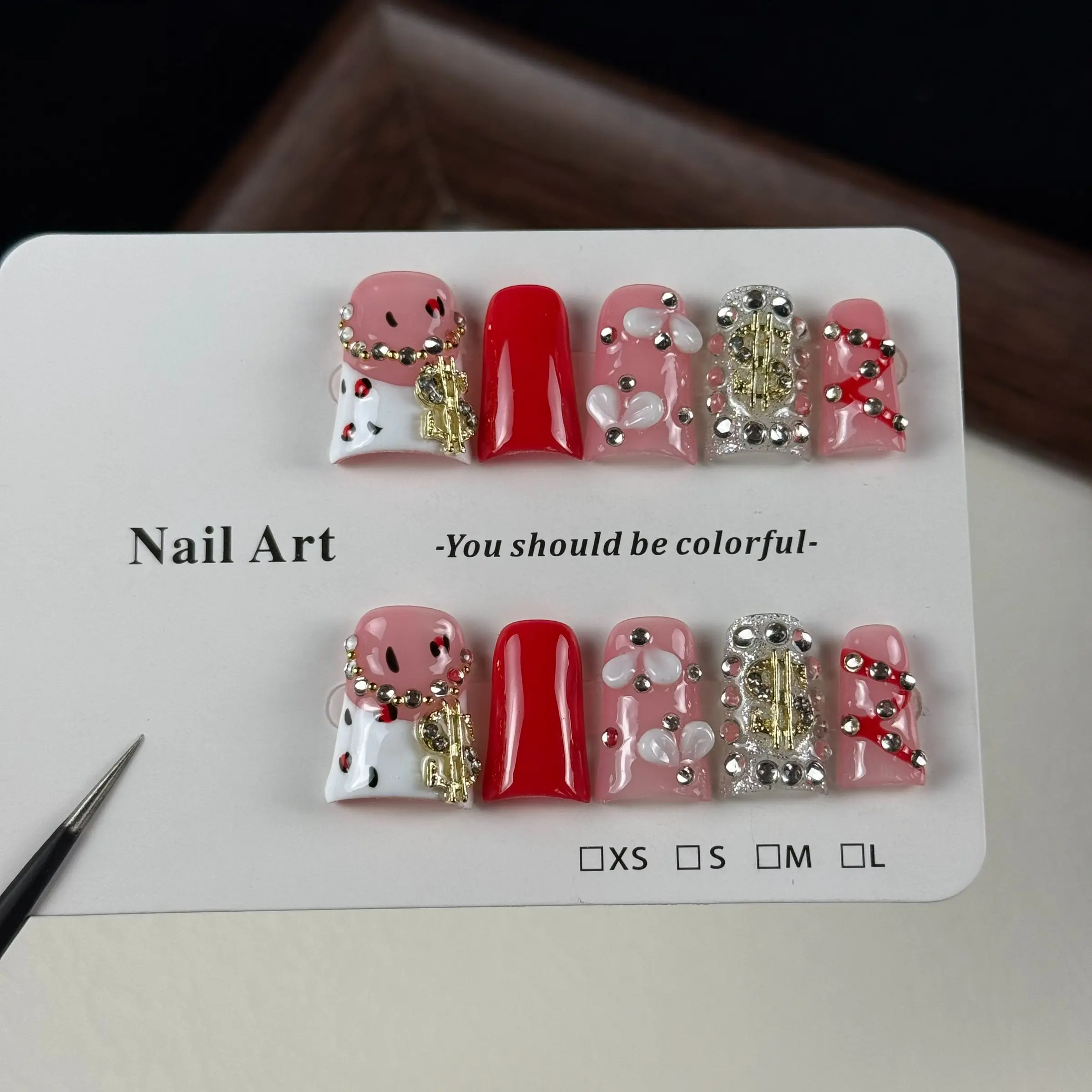10pcs high-end Sweet and cool style, hand-painted patterns, dazzling three-dimensional stacked diamonds handmade fake nails, Nail stickers suitable for music festivals, concerts, bar parties and festival events, Nail Art Gems