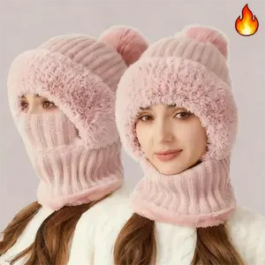 3-in-1 Winter Beanie Scarf & Mask Set - Cozy Fleece-Lined Knit Hat with Ear Flaps Windproof Warm Hooded Neck Warmer for Outdoor Cycling