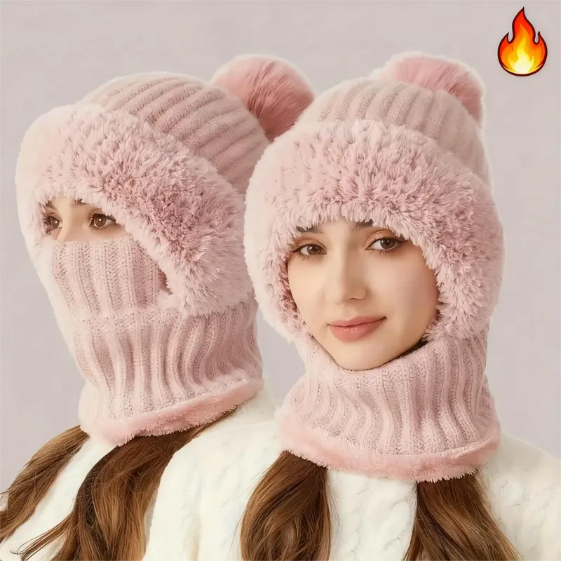 3 in 1 Women's Matching Winter Accessories Set Cozy Fleece Lined Knit Beanie with Ear Flaps, Windproof Neck Warmer, Mask for Outdoor Cycling, Women's Matching Sets