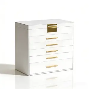 BOOVO 6-Layer Jewelry Box Organizer with Mirror and Necklace Hooks, Large Capacity PU Leather Jewelry Case for Women, Stylish Jewelry Storage Chest for Earrings & Rings