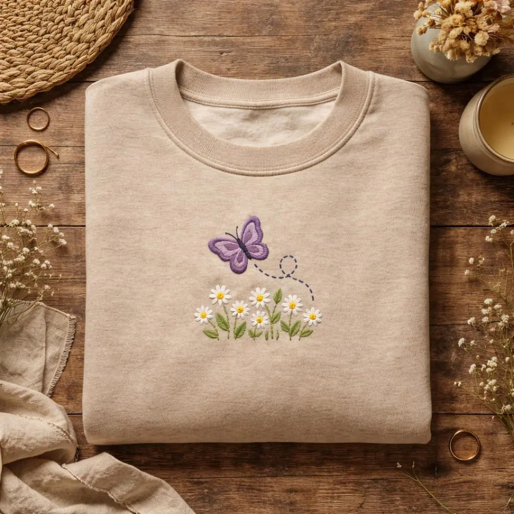 Sand Color Butterfly Daisy Embroidered Sweatshirt, Wildflower Butterfly Sweatshirt, Minimalist Floral Embroidery Crewneck, Gift for Her