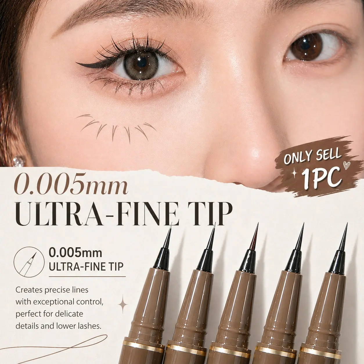 Ultra-Fine Eyeliner Pen, Soft Brush Tip, Waterproof, Smudge-Proof, Perfect for Lower Lashes and Inner Corners, Long-Lasting, Quick-Drying, Eye Makeup Products