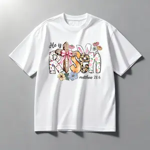 Children's T-shirts Easter He Is Risen Washed Cotton T-Shirt - 100% Cotton Breathable Christian Easter Tee, Floral Cross Bunny Ears "Risen" Graphic with Matthew 28:6 for Easter Sunday & Faith Style