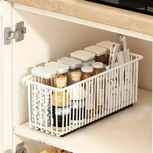 1 pull-out cabinet storage box, sliding drawer storage rack, cabinet organizer, sliding cabinet basket for kitchen, spice rack, bathroom storage, no drilling required, 2 colors available