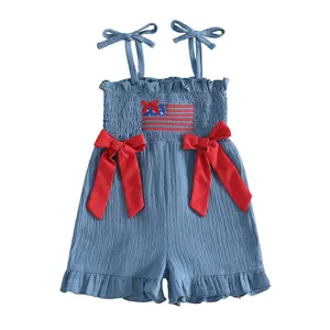 Imcute Little Girl 4th of July Jumpsuit with Bows Embroidered Tie Shoulder Smocked Ruffled Shorts Romper Toddler Patriotic Overalls