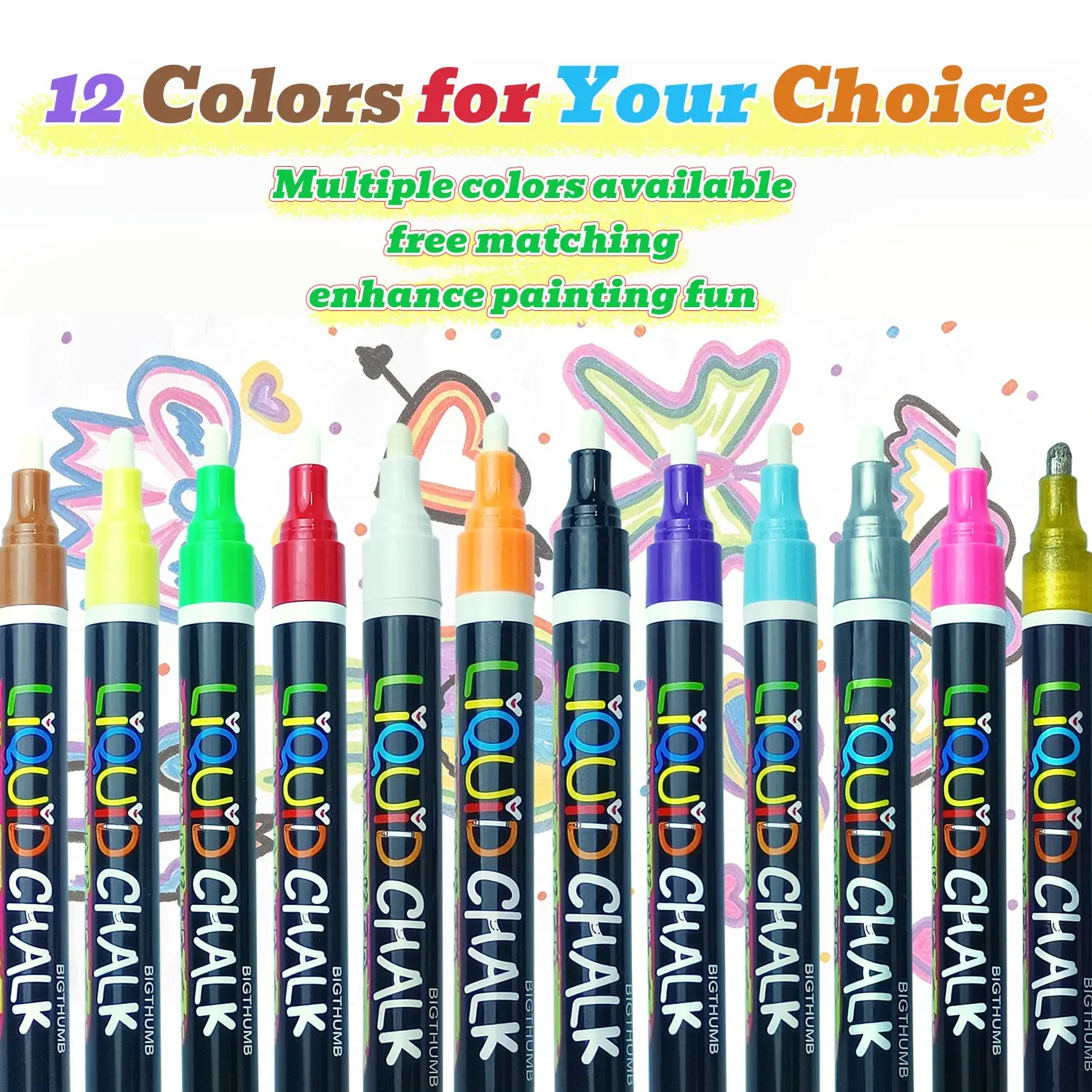 12 Color Reversible Fiber Tip Liquid Chalk Markers, 1-6mm Sharp & Round Tips, Water-Based Erasable Fast-Drying Dust-Free, Bright Waterproof