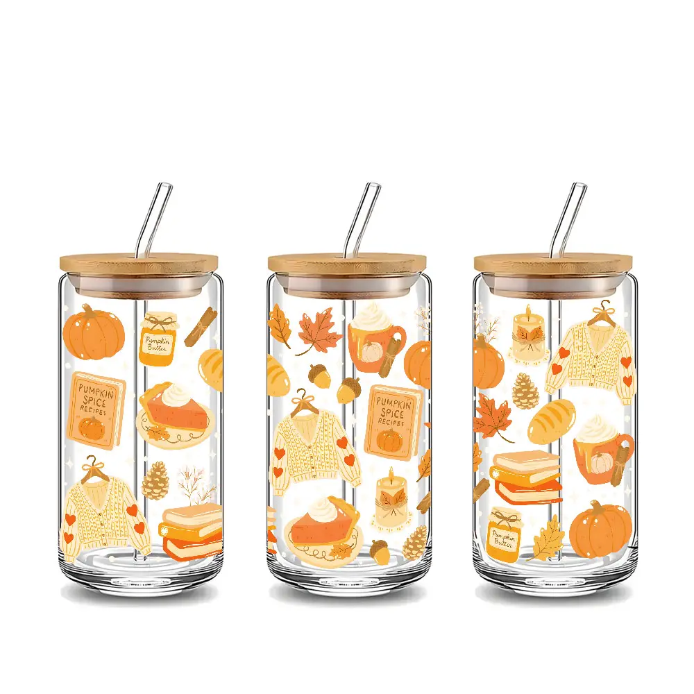 Trendy Autumn Pumpkin Spice & Knit Sweater Design 16oz Glass Can Cup with Lid and Straw, Reusable Glass Drinking Cup, High-Quality Glass Jar for Iced Coffee, Hot Chocolate, Juice, Cold Drinks, Cozy Autumn Style Glassware, Perfect Gift for Autumn Lovers, F