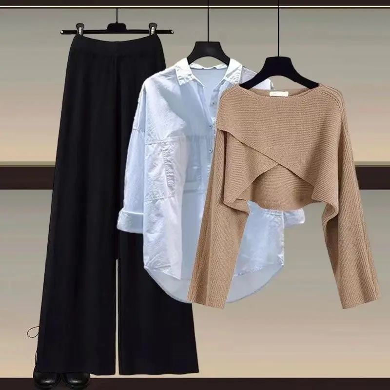 Coffee sweater + blue shirt + black wide