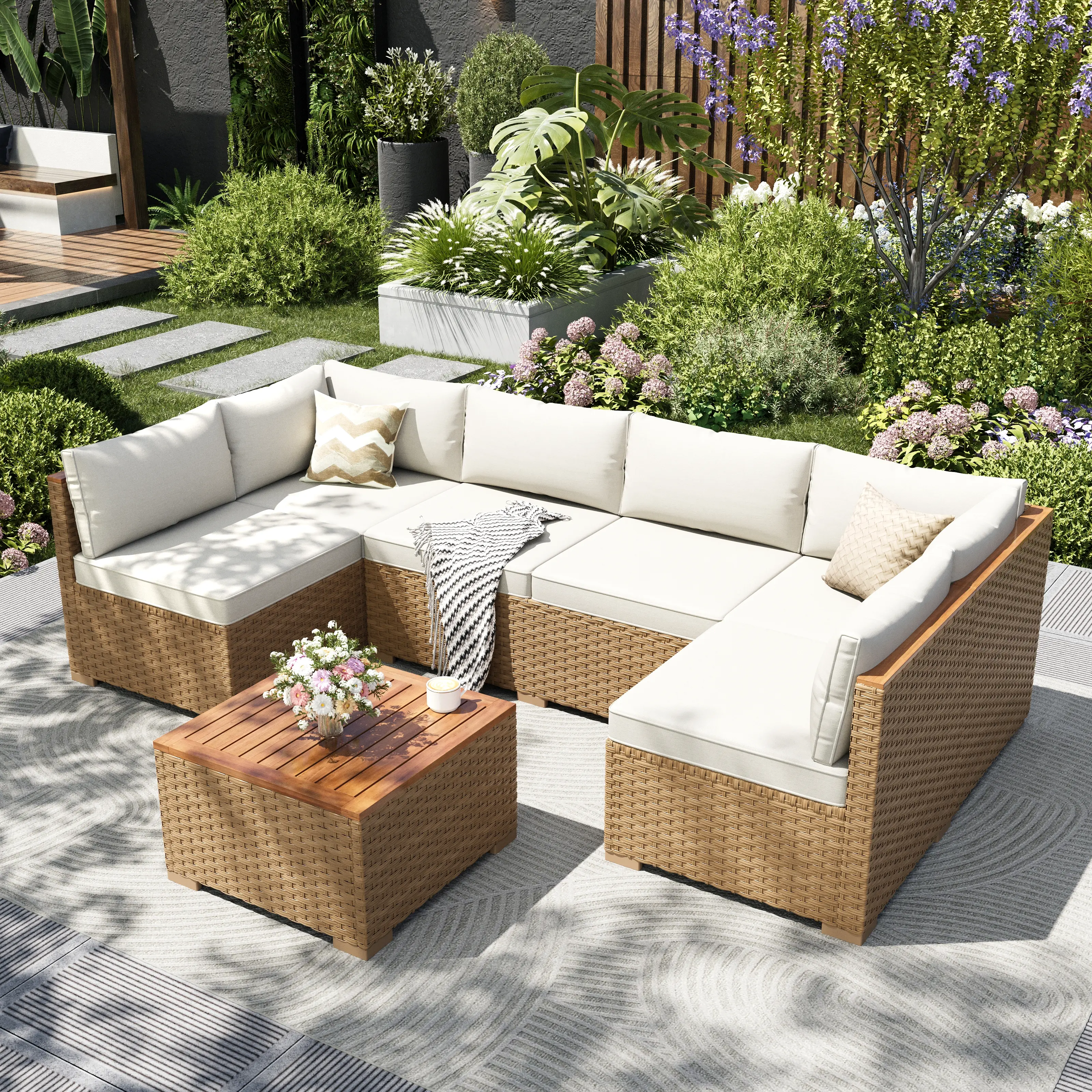 PHIVILLA 6 Seats Outdoor Patio Rattan Furniture Sofa Set with Acacia Wood Coffee Table, Thick Cushions Sofa Set for Balcony, Porch & Patio, Home Decor