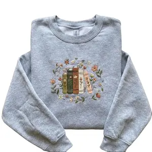 Embroidered Floral Book Stack Sweatshirt, Grey Reading Hoodie, Cute Librarian Crewneck, Bookish Gift, Flower Literature Shirt
