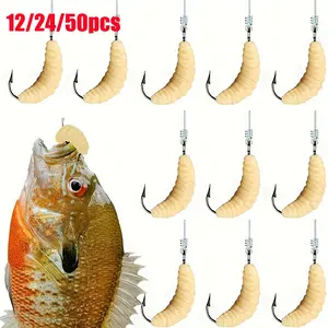 Rubber Maggots Artificial Fishing Lures, Bulk Fish Attractants for Trout Bass Pike Blue Gills, Freshwater Fishing Bait Set with Hooks and Worms, Fishing Lure Kit