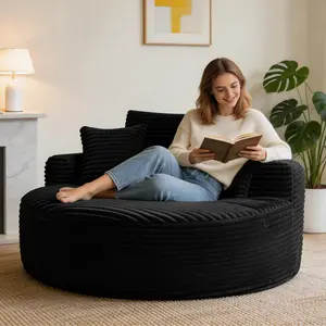 black Oversized Round Corduroy Chaise Lounge Chair, Upholstered Deep Seat Cloud Circle Chair with 3 Throw Pillows, Cozy Single Cloud Sofa for Living Room, Bedroom, Apartment