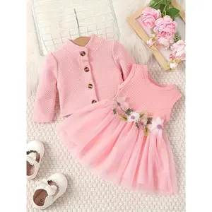Toddler Infant Baby Girl Autumn Outfit Long Sleeve Waffle Cardigan Jacket Floral Embroidery Sheer Vest Dress 2-Piece Set
