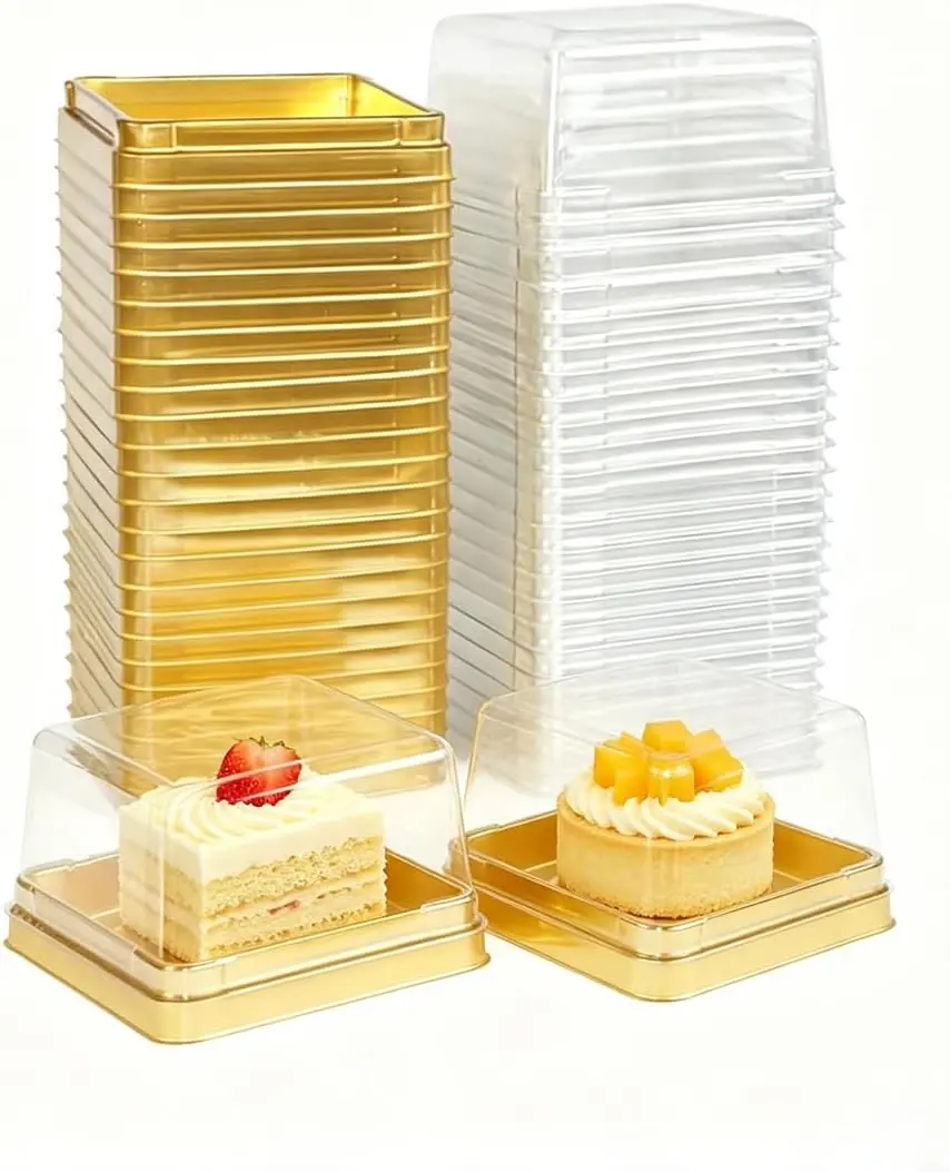 100pcs Mini Size Square Shape Baked Utensils Disposable Plastic Dessert Containers with Plastic Lid & Golden Base, Single Serve for Cheesecake Mousse Tarts Macarons, Bakery Party Favors Packaging