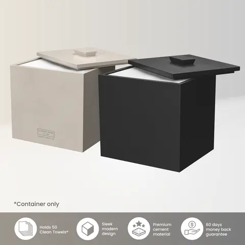 CLEAN SKIN CLUB Matte Onyx Cement Box for 50 Disposable Clean Towels XL Water-Resistant Space-Saving Bathroom Counter Storage Minimalist Design