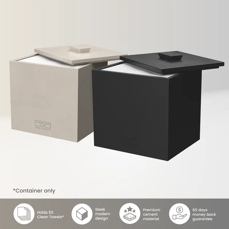 CLEAN SKIN CLUB Matte Onyx Cement Box for 50 Disposable Clean Towels XL Water-Resistant Space-Saving Bathroom Counter Storage Minimalist Design