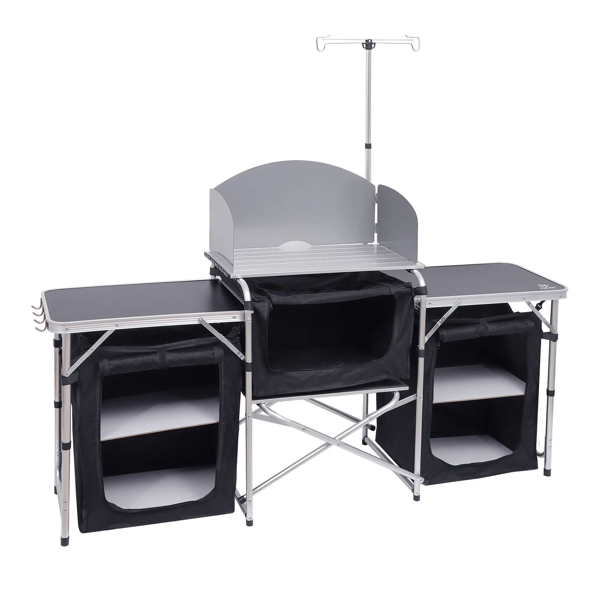 Outdoor Cooking Companion: Portable Camping Kitchen Table with Foldable Design, Built-in Light Stand, Windshield, and Three Organizers, Complete with Carry Bag for Outdoor Adventures, Beach Trips, BBQs, Picnics, Indoor Use, and Office Spaces (Silver)