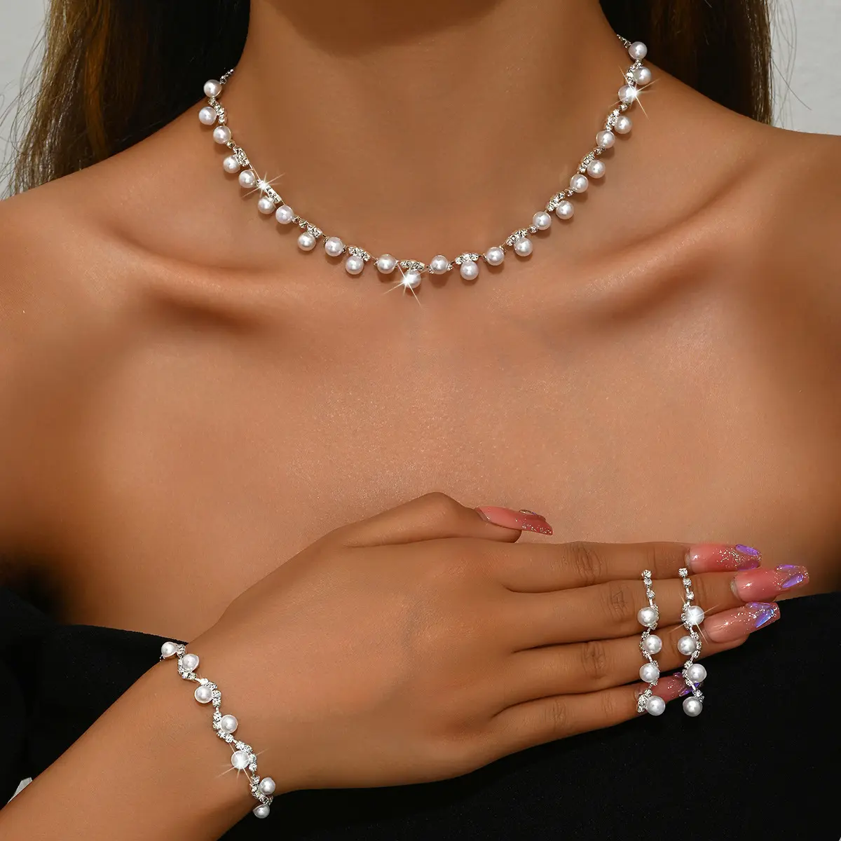 Bride's Wedding Dress Pearl Rhinestone Necklace Earrings Bracelet Set Jewelry