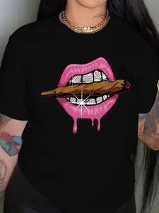 Women's Lips Print Round Neck Tee, Casual Short Sleeve Crew Neck T-shirt, Ladies Summer Clothes