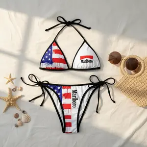 M4rlbor.0 Style American Flag Triangle Beach Bikini – Women’s Two-Piece Swimsuit, USA Flag Print Swimwear, Summer Beachwear, Triangle Bikini Set, Pool Party Outfit